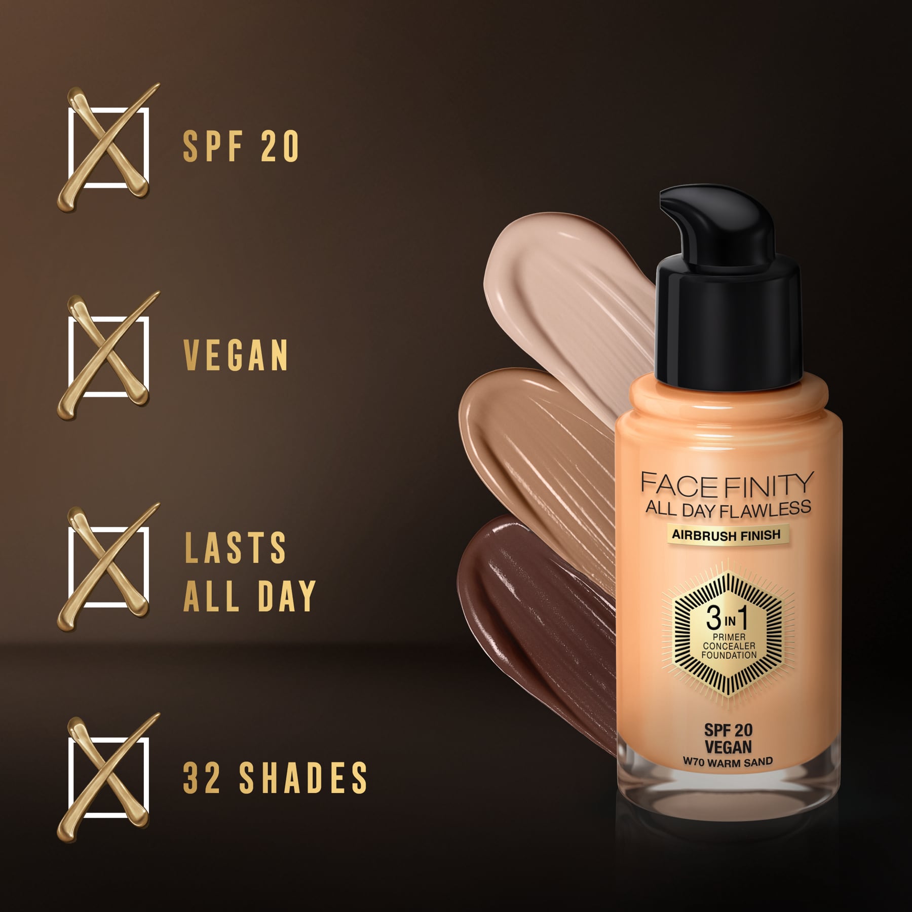 Facefinity All Day Flawless 3 In 1 Foundation Matte Finish 30ml 70 Warm Sand|30ml