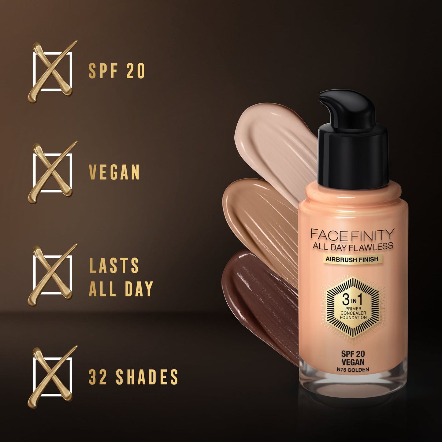 Facefinity All Day Flawless 3 In 1 Foundation Matte Finish 30ml 75 Golden|30ml