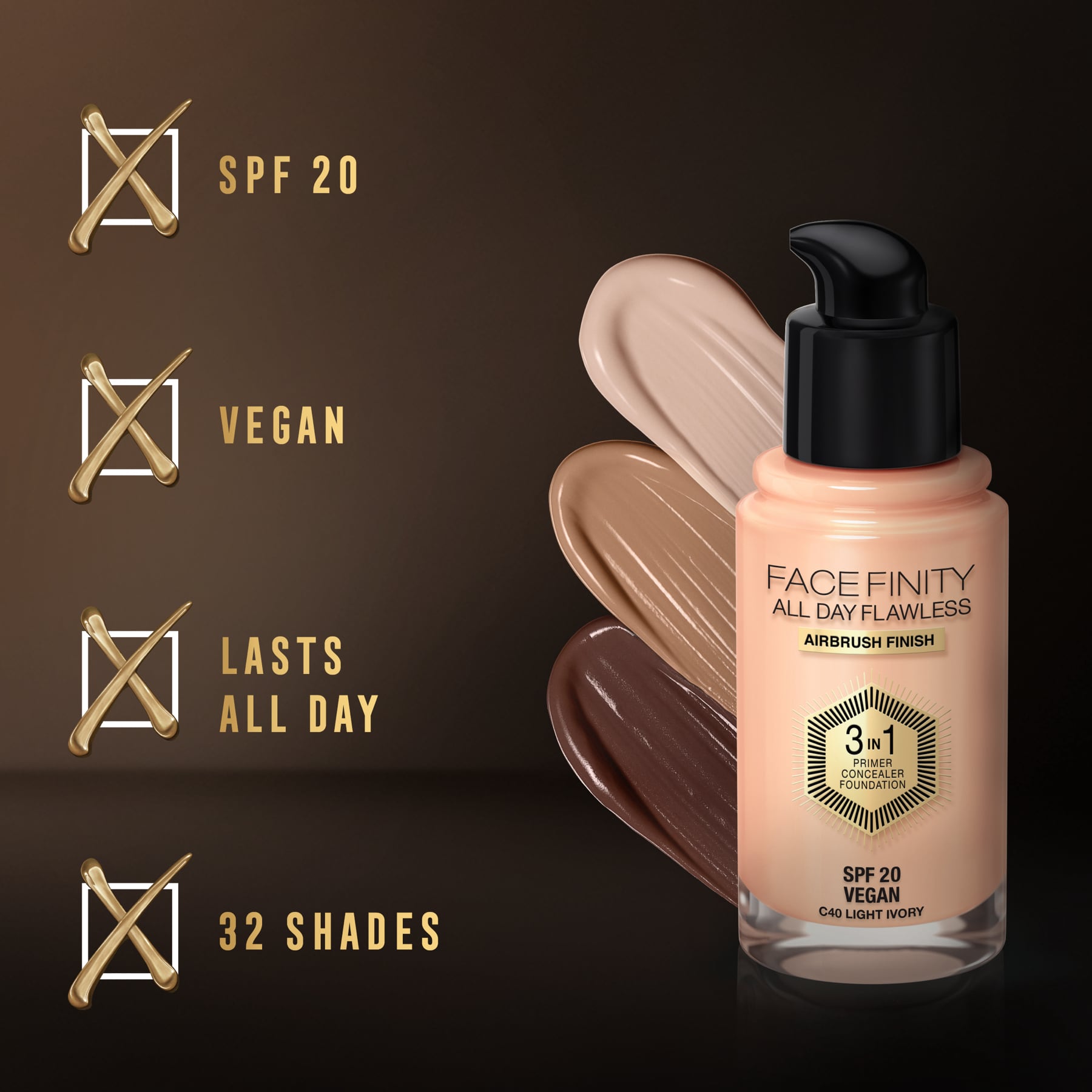 Facefinity All Day Flawless 3 In 1 Foundation Matte Finish 30ml 40 Light Ivory|30ml