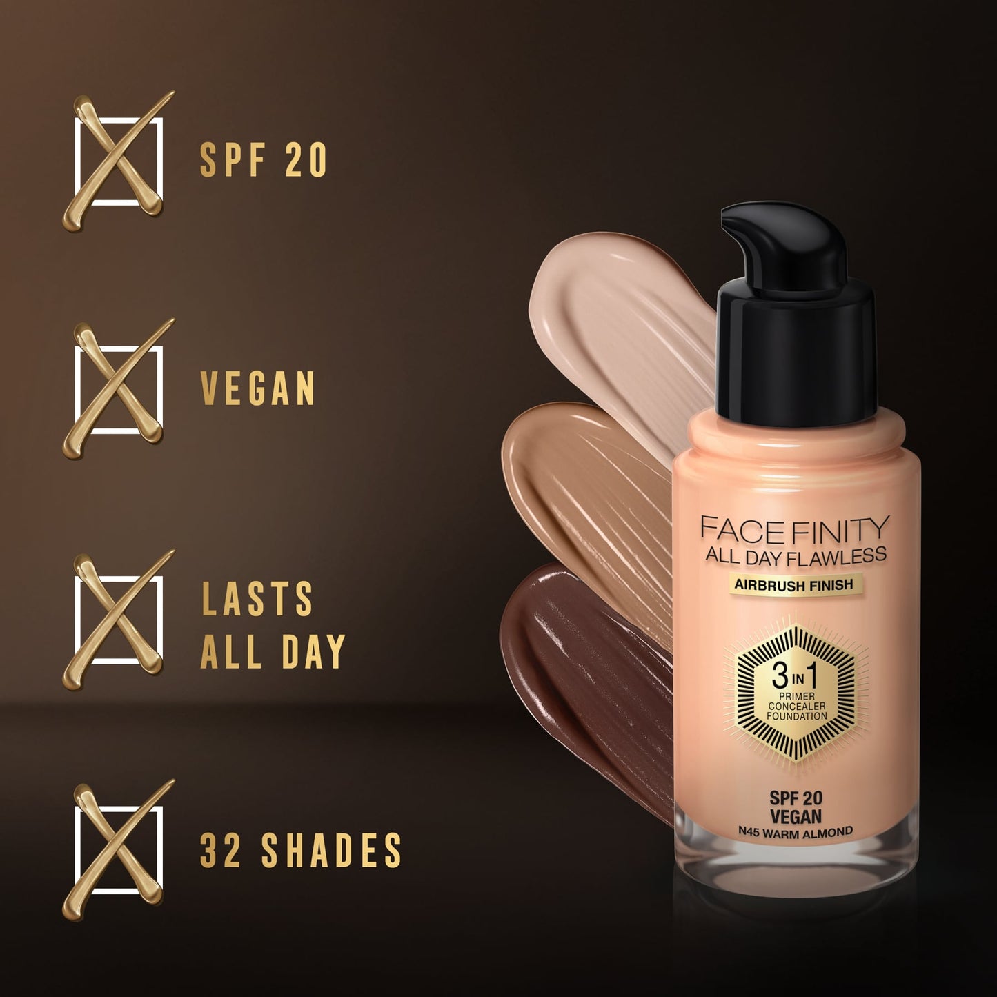 Facefinity All Day Flawless 3 In 1 Foundation Matte Finish 30ml 45 Warm Almond|30ml