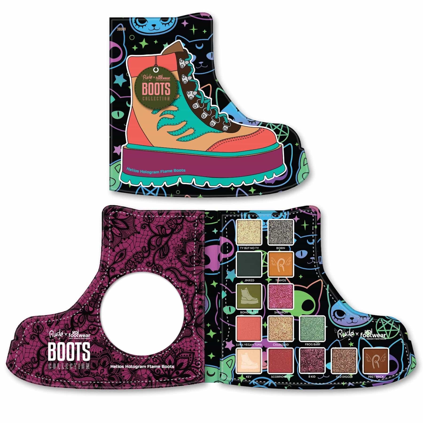 Rude x Koi Footwear Boots Collection Eyeshadow Palette - 14 shades Helios Hologram Flame Boots|122g